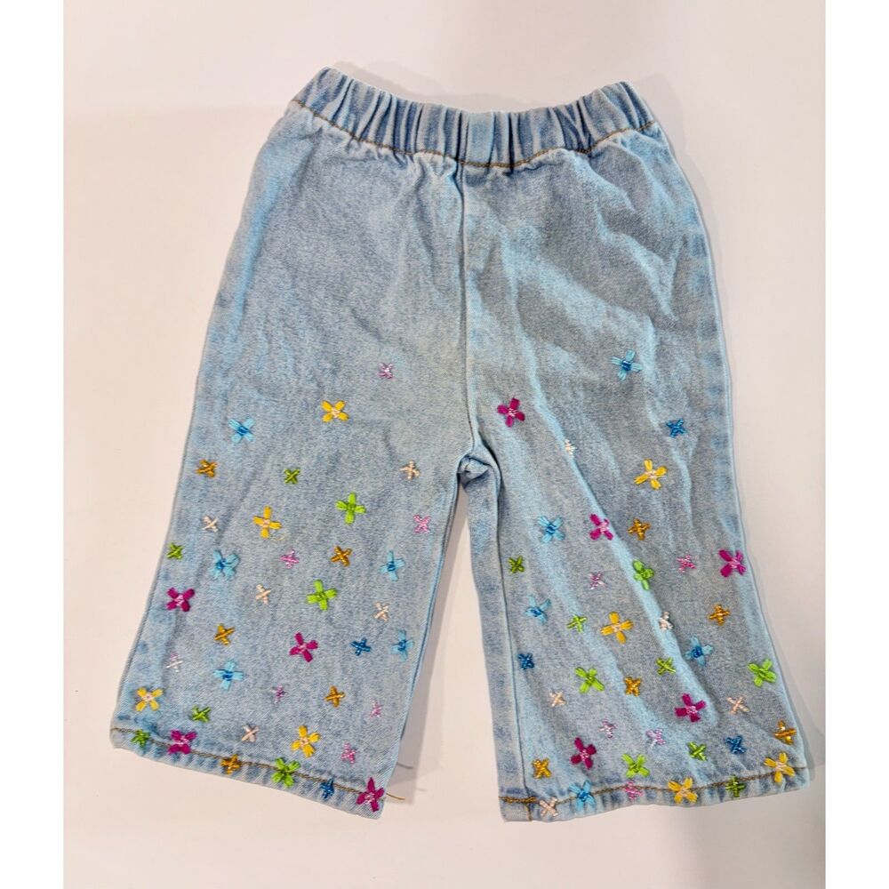 LIPSTICK Vintage 90s Floral Embroidery Flare Wide Leg Jeans Baby Girl 0-6 M Boho